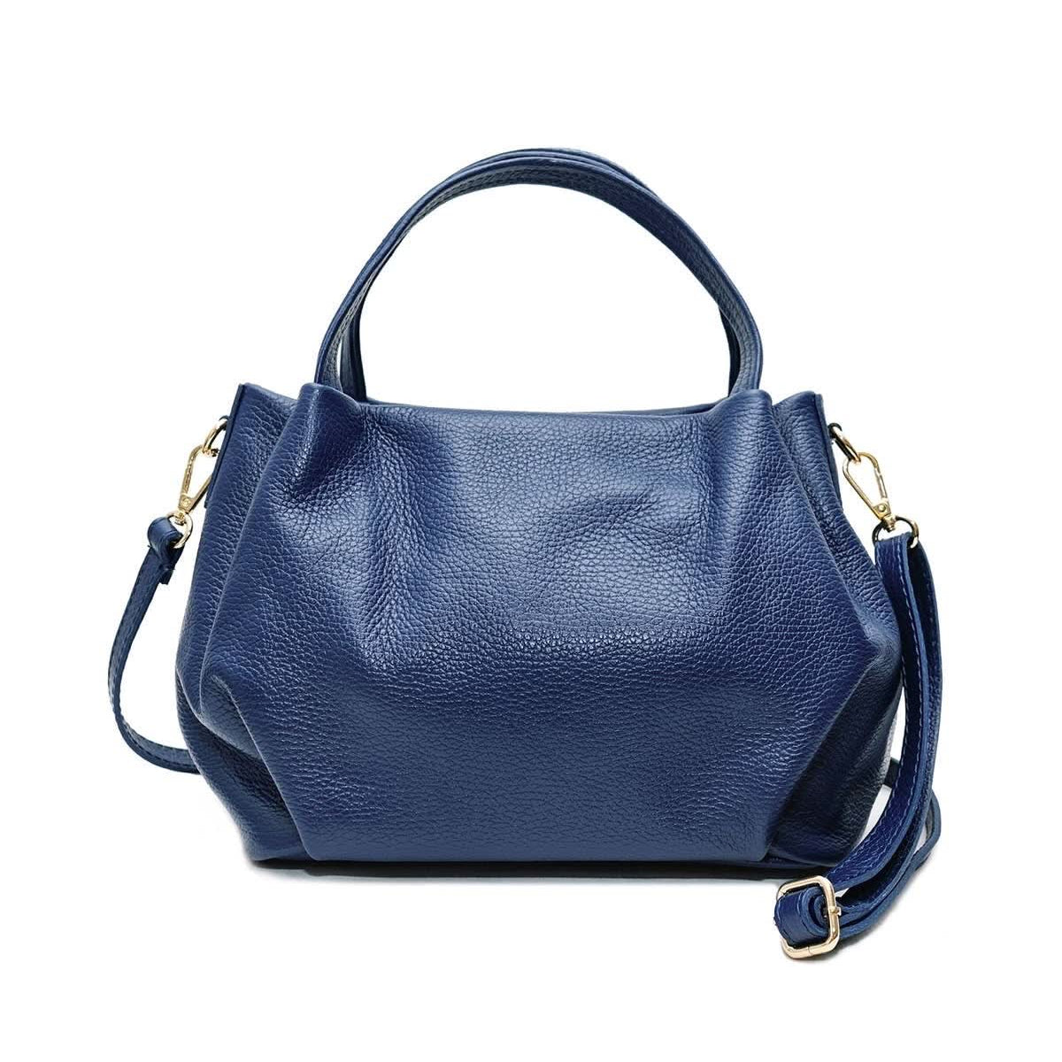 Big midnight, electric blue leather handbag purse with handles, strap, and gold details