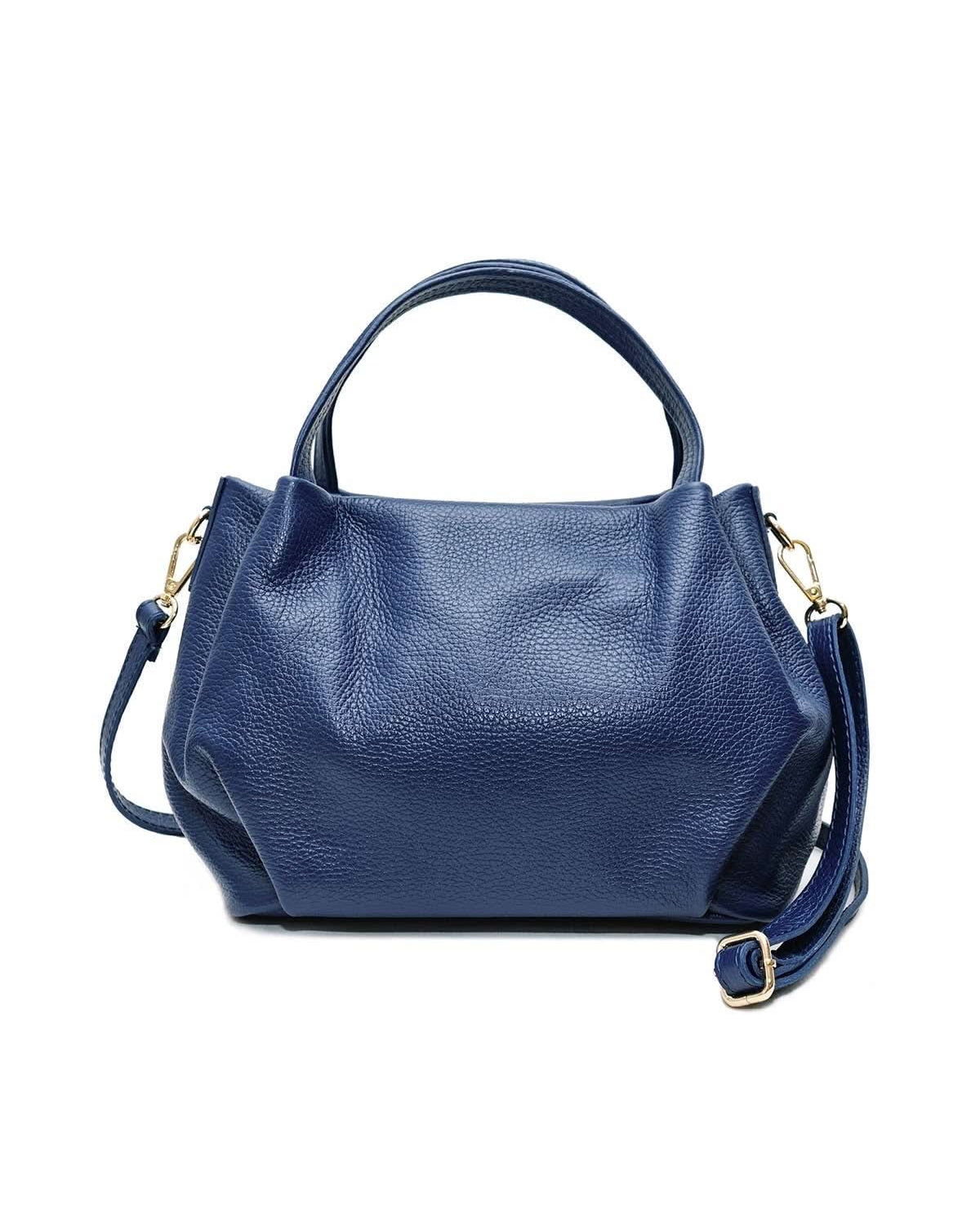 Big midnight, electric blue leather handbag purse with handles, strap, and gold details