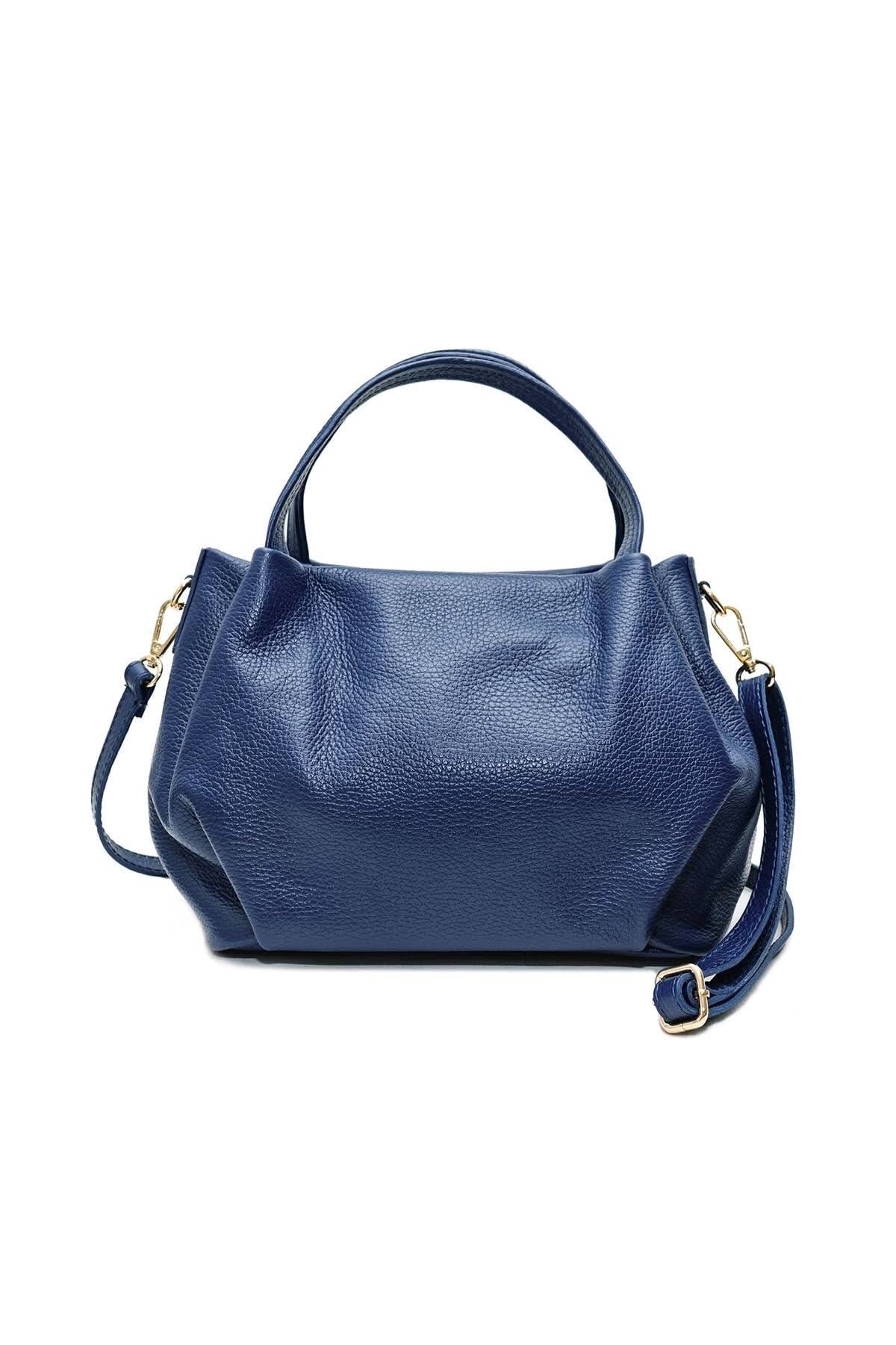 Big midnight, electric blue leather handbag purse with handles, strap, and gold details