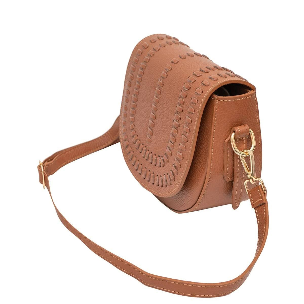 Chestnut brown colored leather crossbody bag with magnetic front clap and leather woven geometric design and gold Metal details