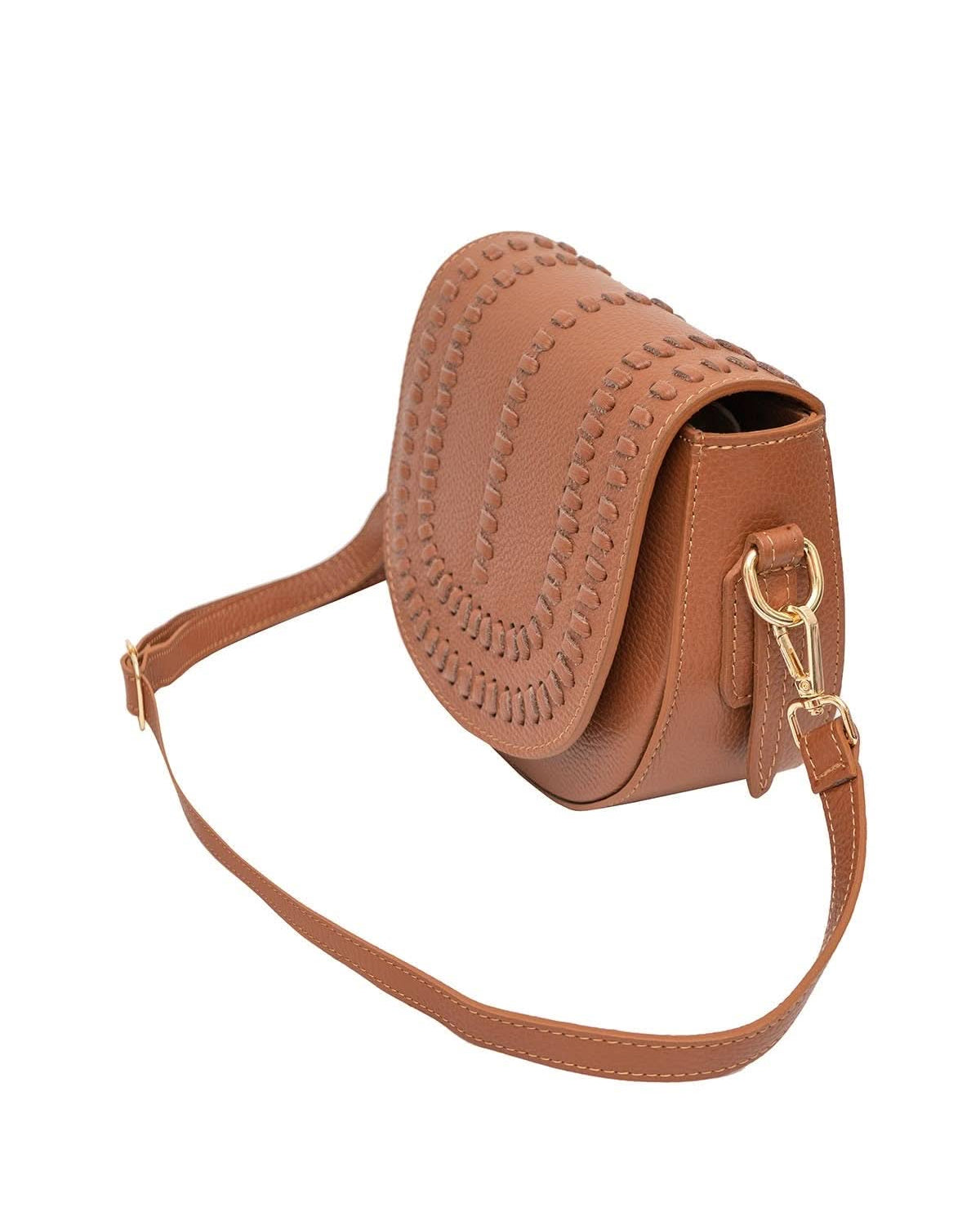 Chestnut brown colored leather crossbody bag with magnetic front clap and leather woven geometric design and gold Metal details