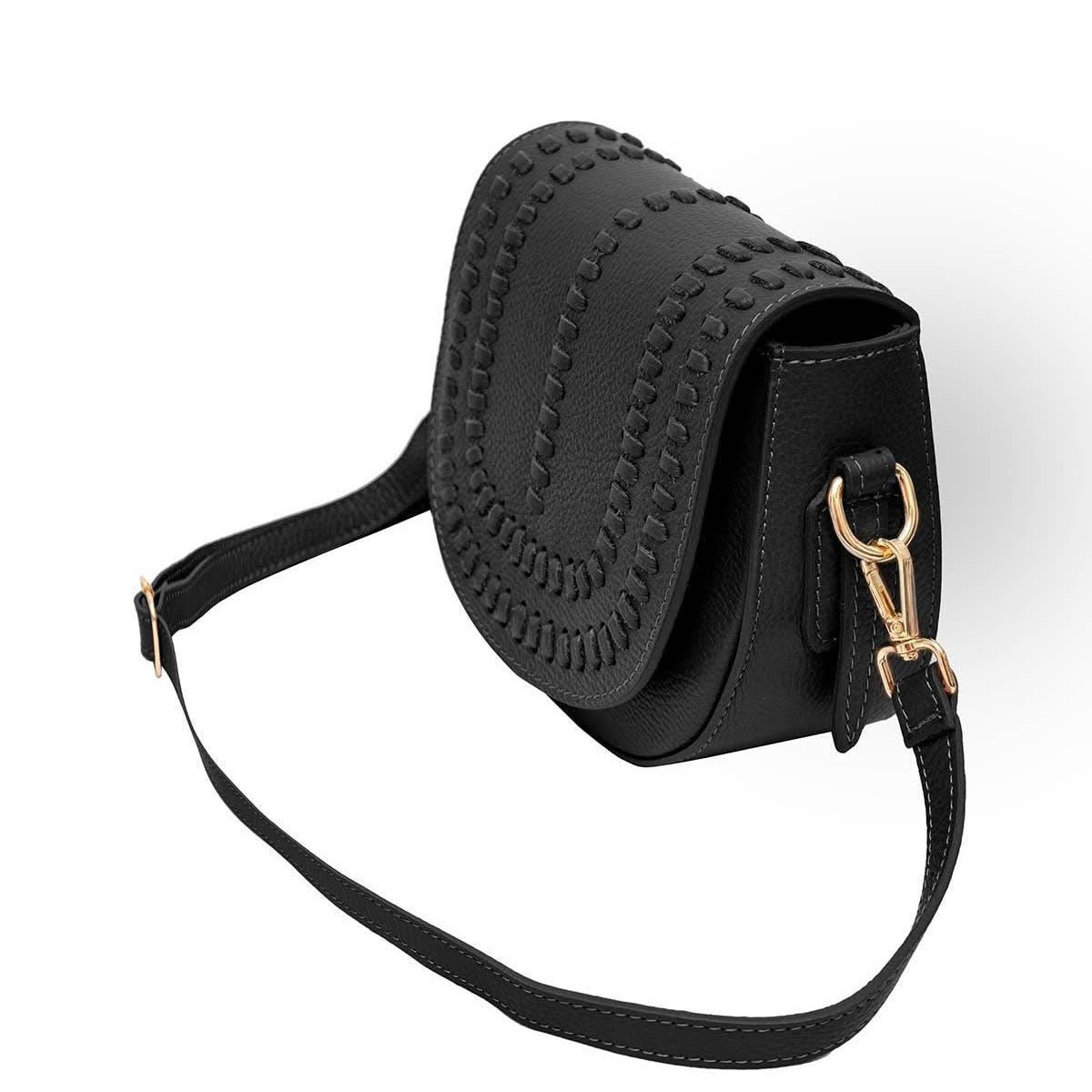 Black colored leather crossbody bag with magnetic front clap and leather woven geometric design and gold Metal details