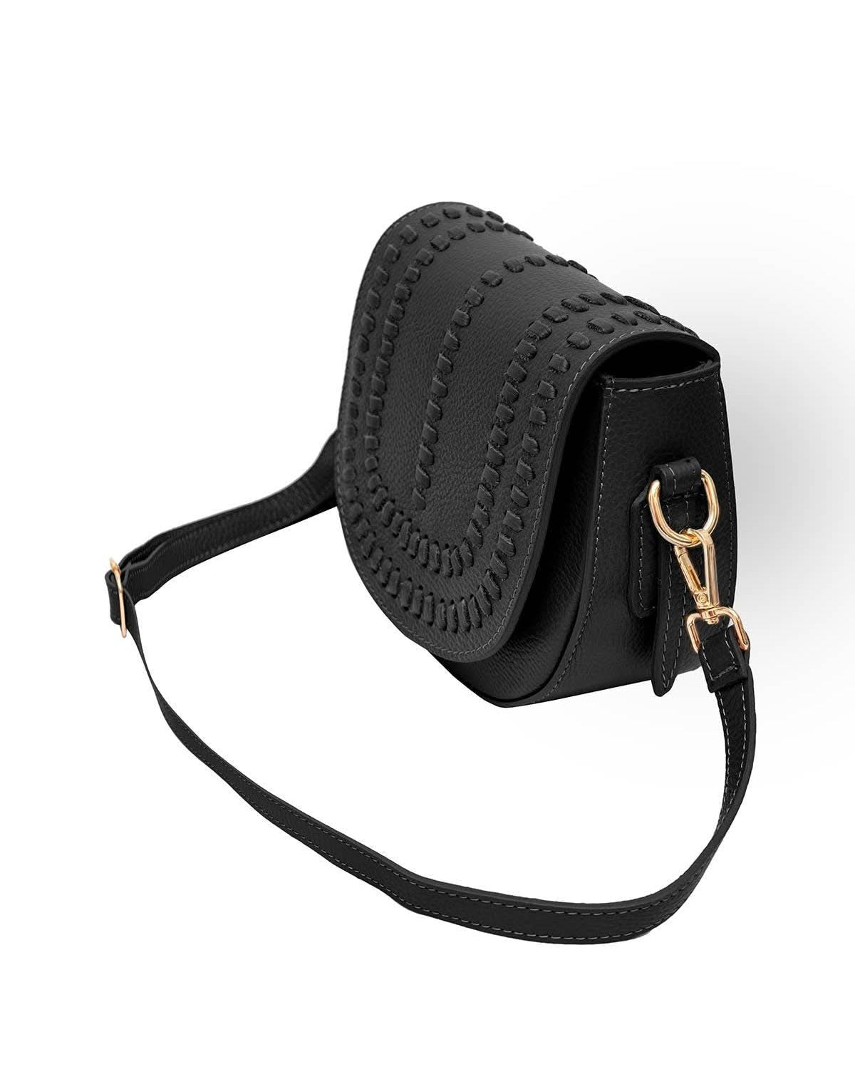 Black colored leather crossbody bag with magnetic front clap and leather woven geometric design and gold Metal details