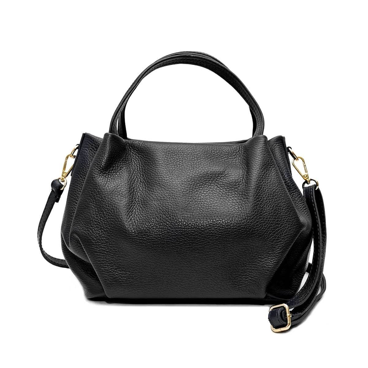 Big black leather handbag purse with handles, strap, and gold details