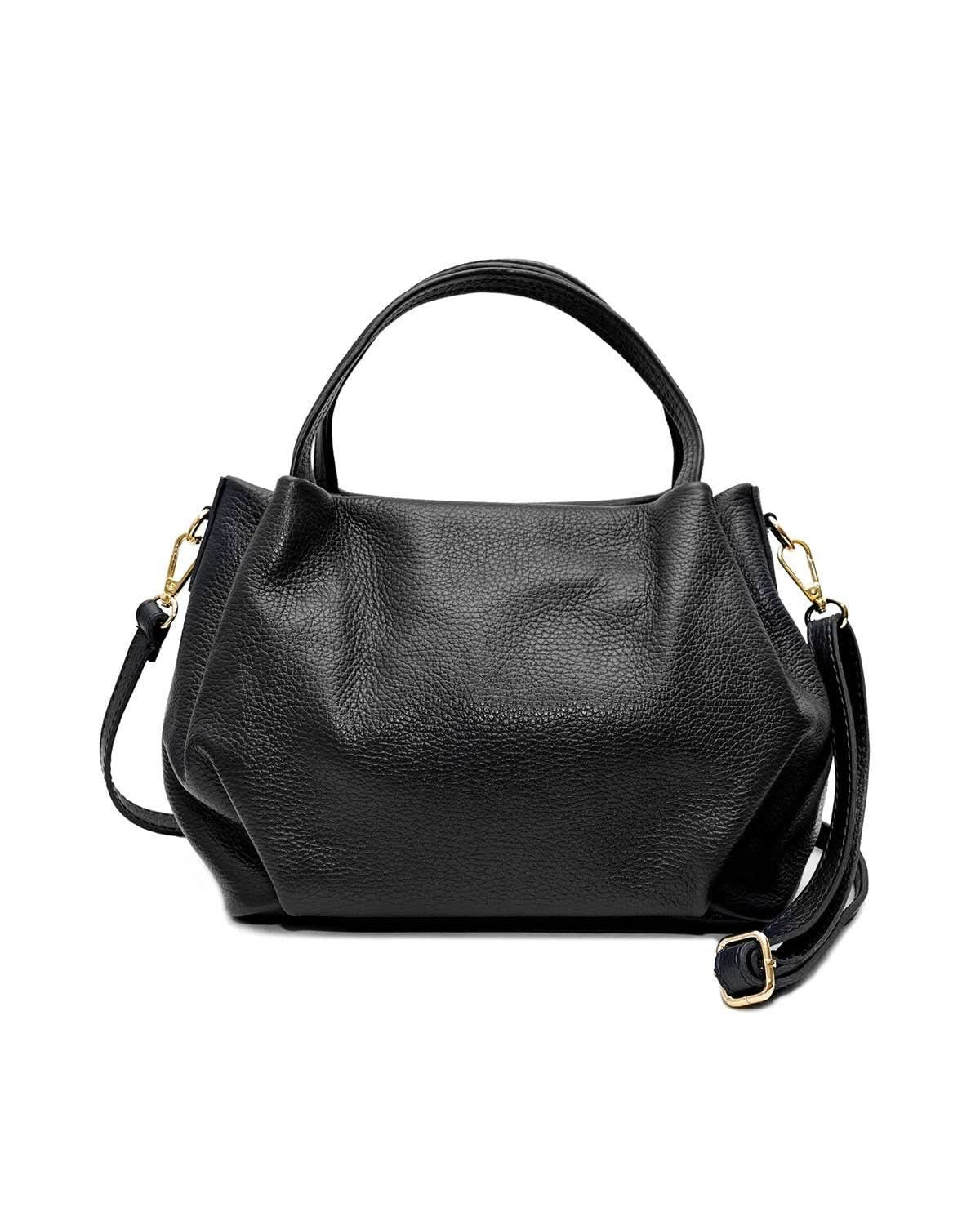 Big black leather handbag purse with handles, strap, and gold details