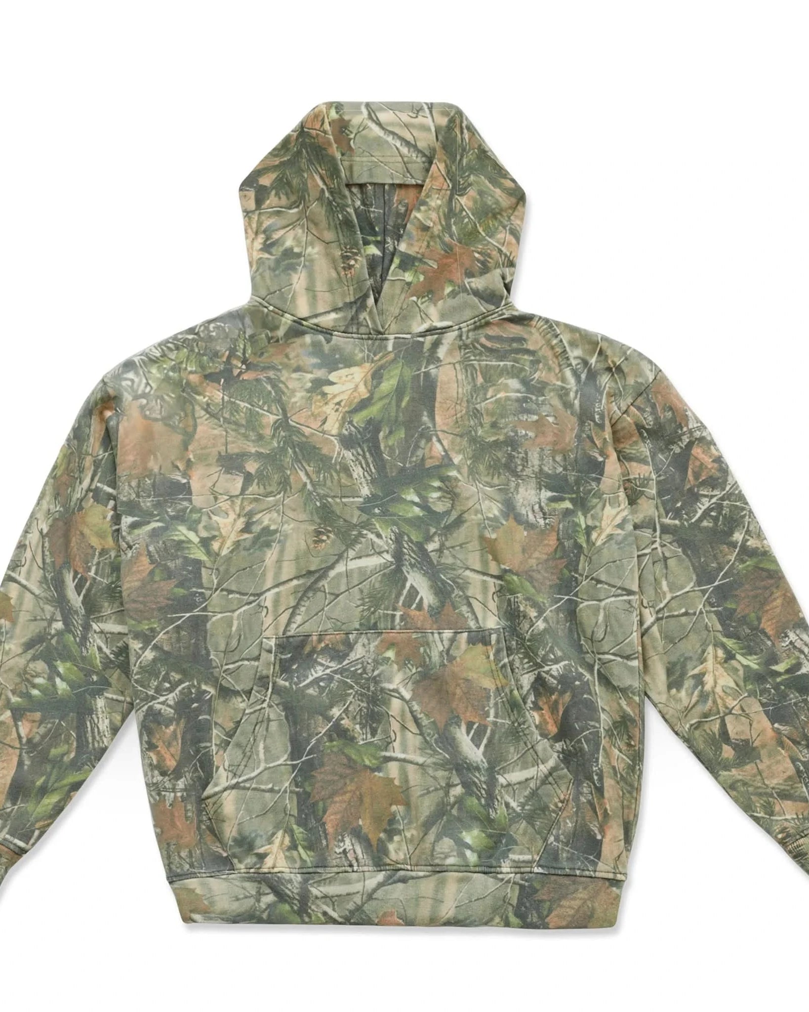 Vintage camo real tree cotton pullover hoodie sweatshirt laid out on white background