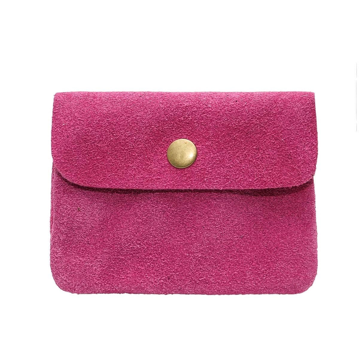 Bright Fuschia pink Rough suede material leather wallet with flap and button clasp