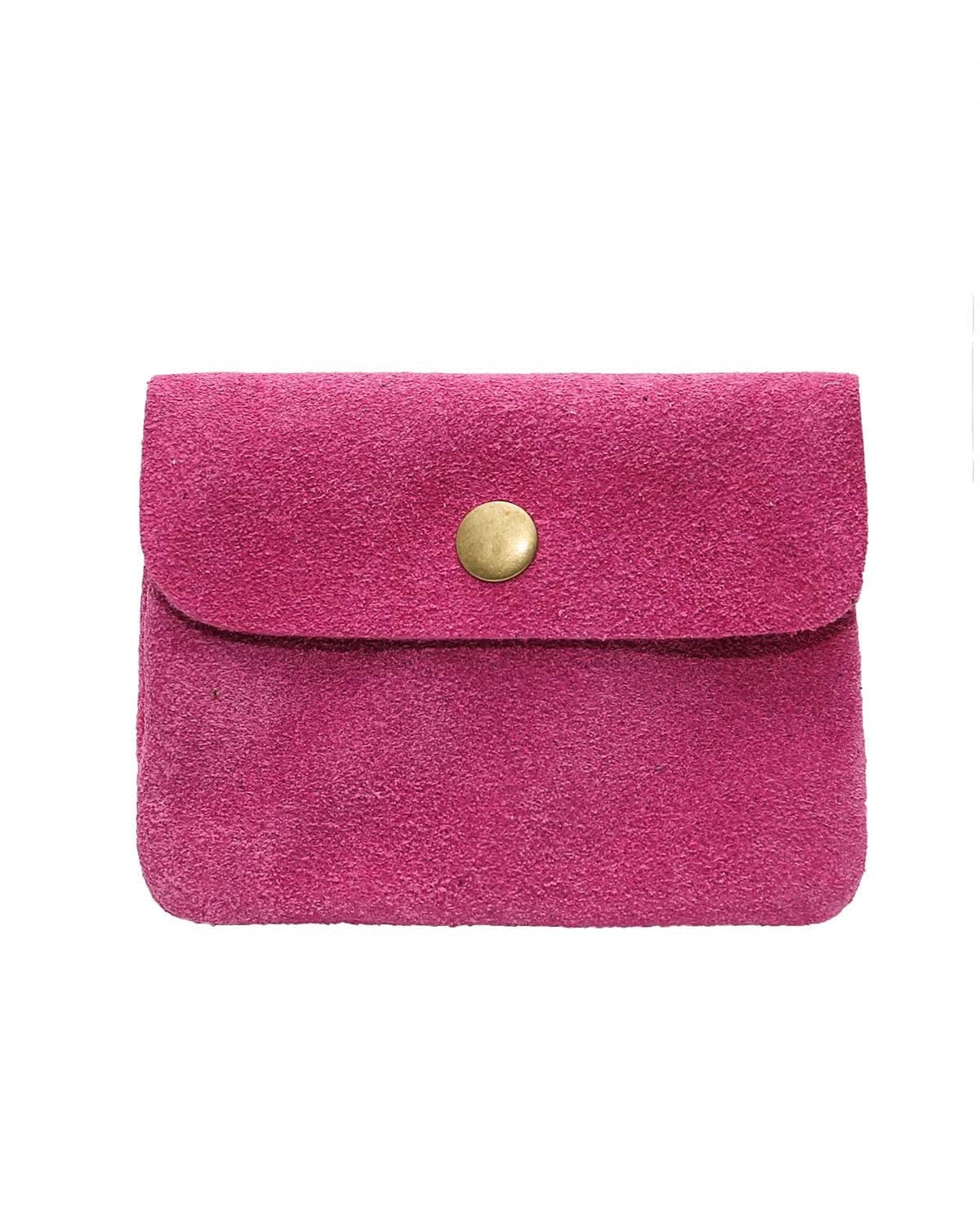 Bright Fuschia pink Rough suede material leather wallet with flap and button clasp