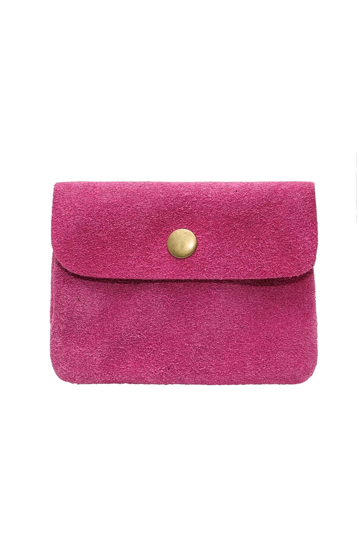 Bright Fuschia pink Rough suede material leather wallet with flap and  button clasp