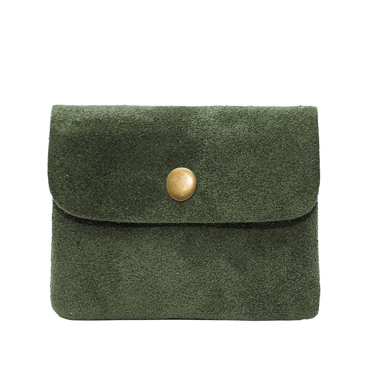 Green Rough suede material leather wallet with flap and button clasp