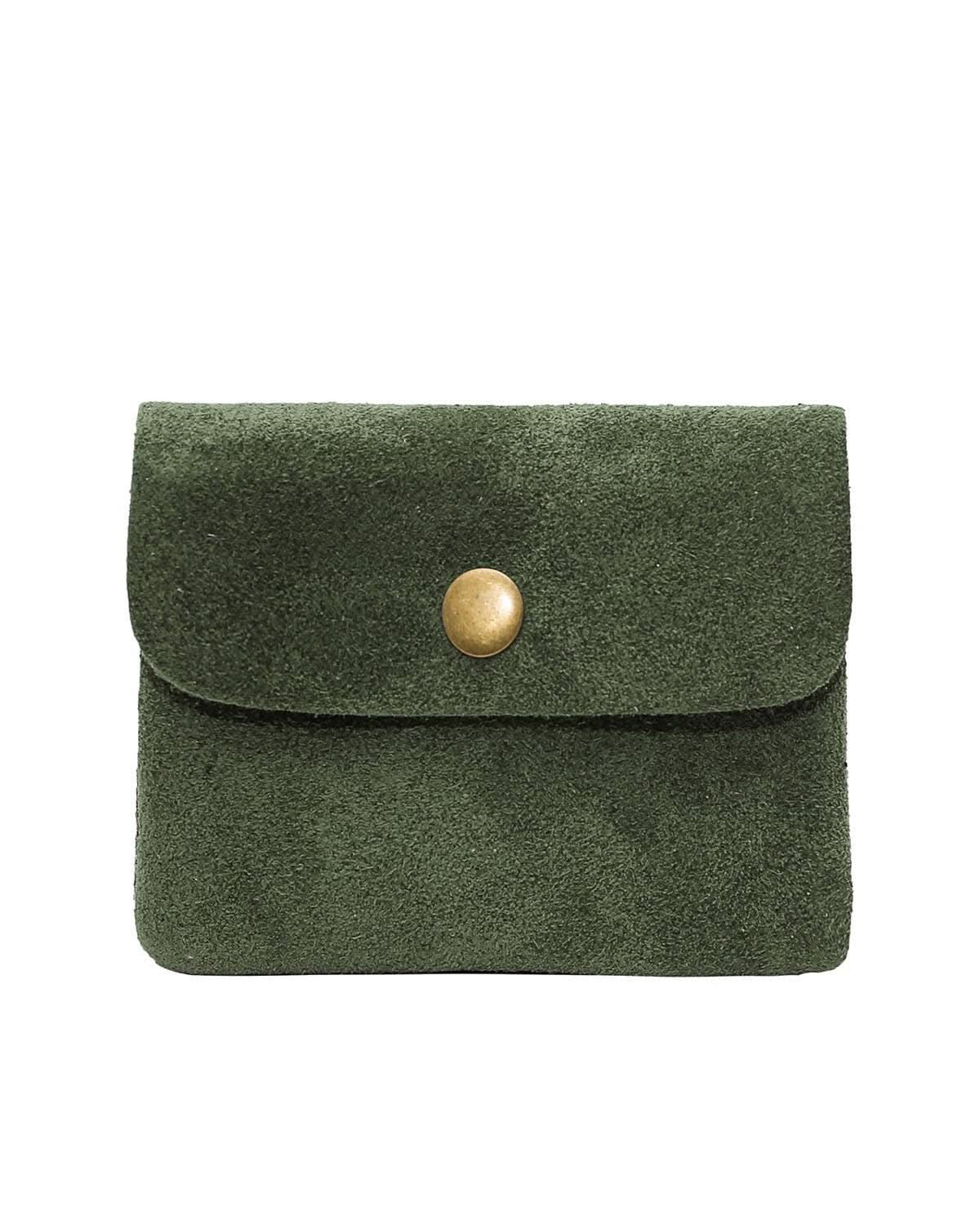 Green Rough suede material leather wallet with flap and button clasp