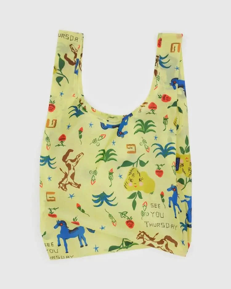 Pear green baby baggu reuseable grocery with painted prairie designs throughout the bag