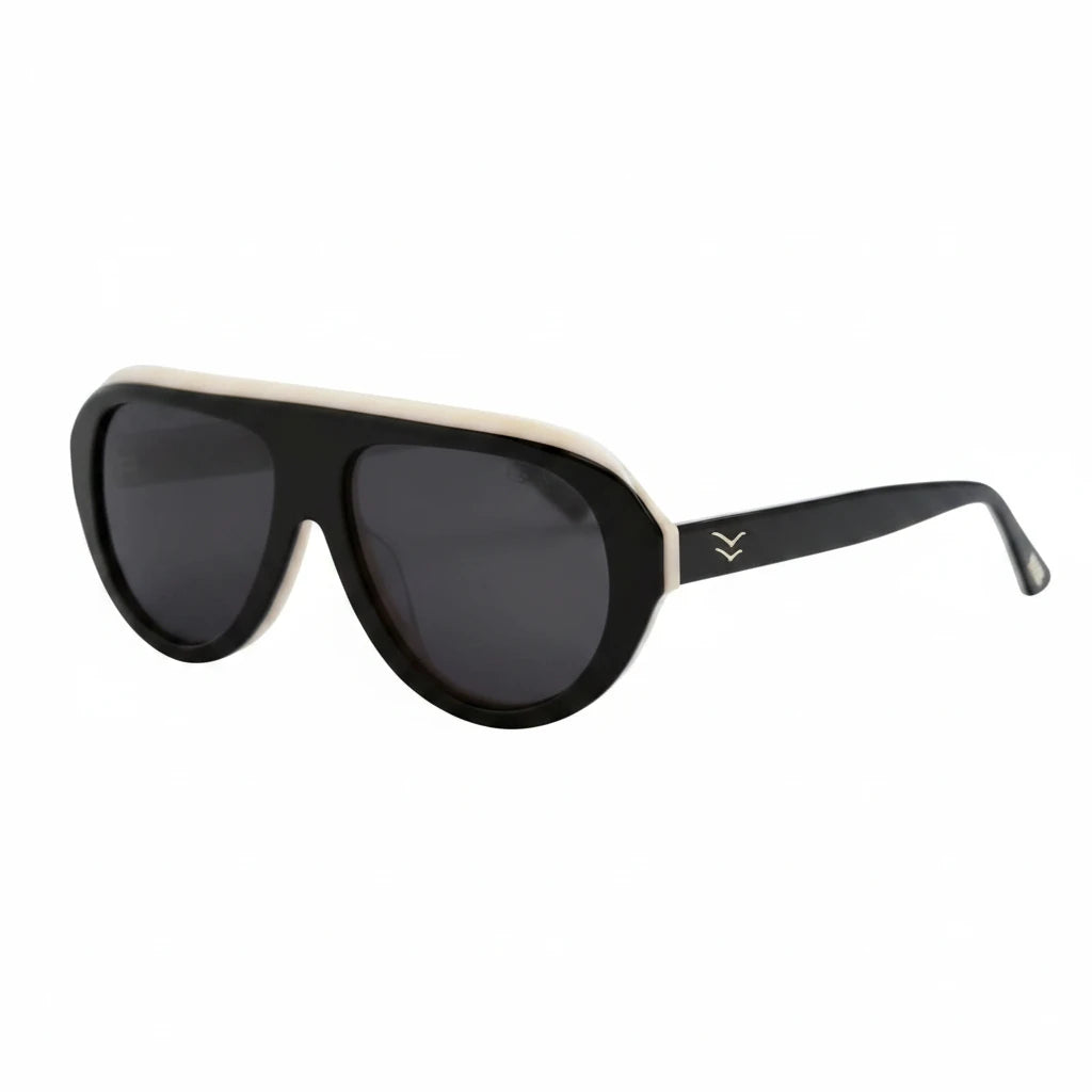 Black sunglasses with a white frame on a white background