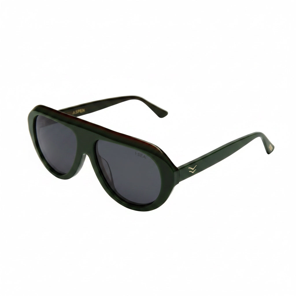 Sunglasses with dark lenses and green frame on a white background