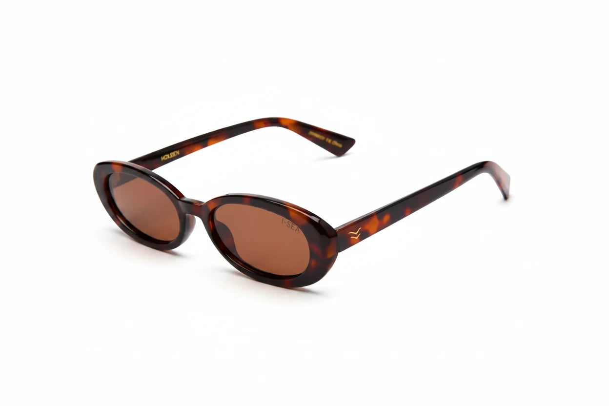 Sunglasses with tortoiseshell frame and brown lenses on a white background