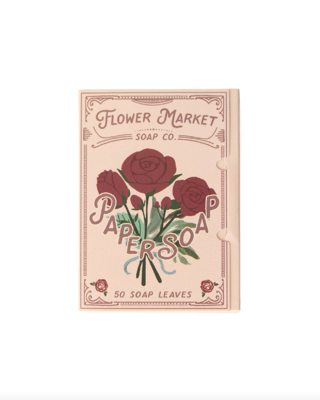 Flower Market Soap Co. paper soap packaging with roses on a white background