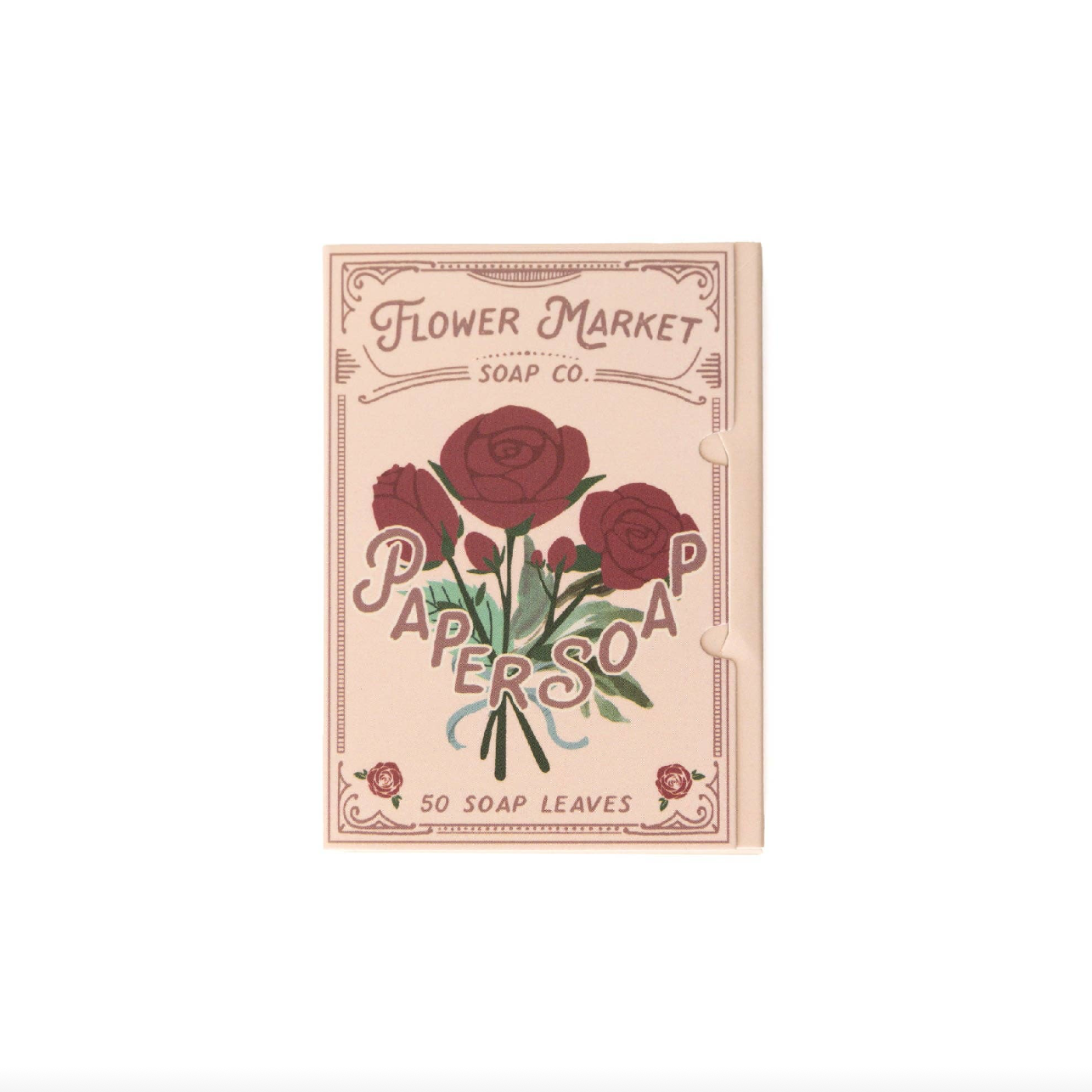 Flower Market Soap Co. paper soap packaging with roses on a white background