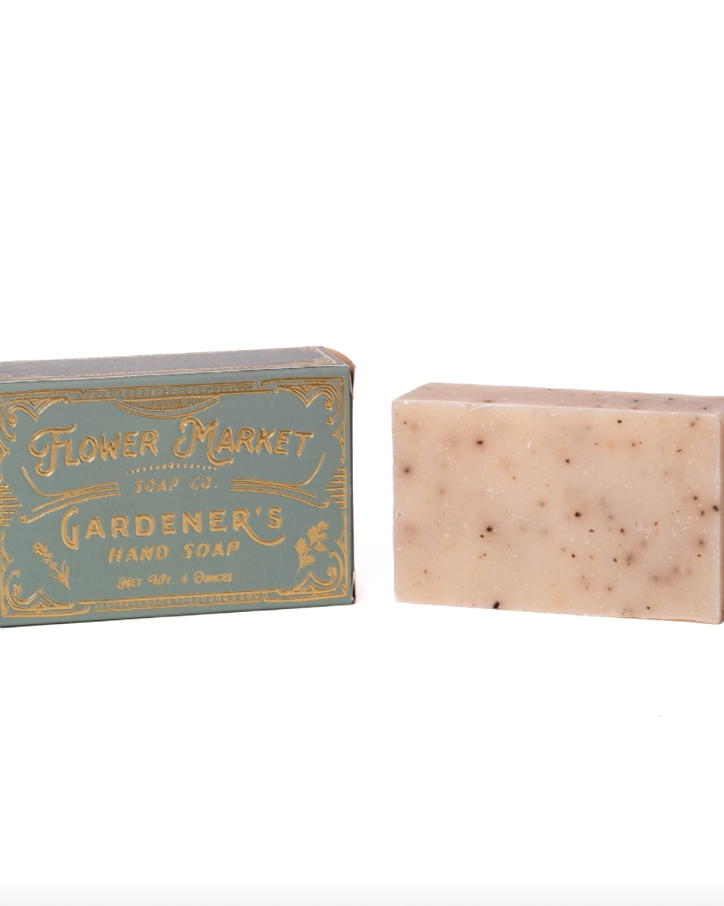 Bar of soap with 'Flower Market Soap Co' packaging on a white background