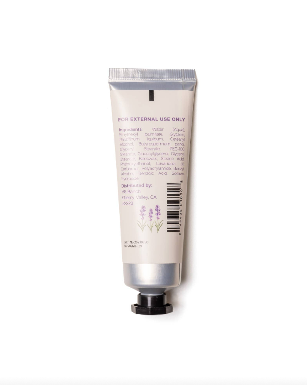 Hand cream tube with lavender scent on a white background