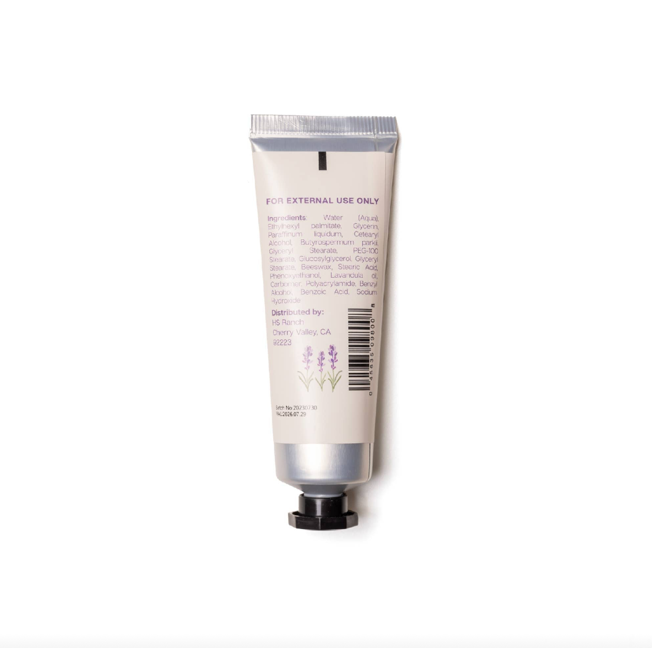Hand cream tube with lavender scent on a white background