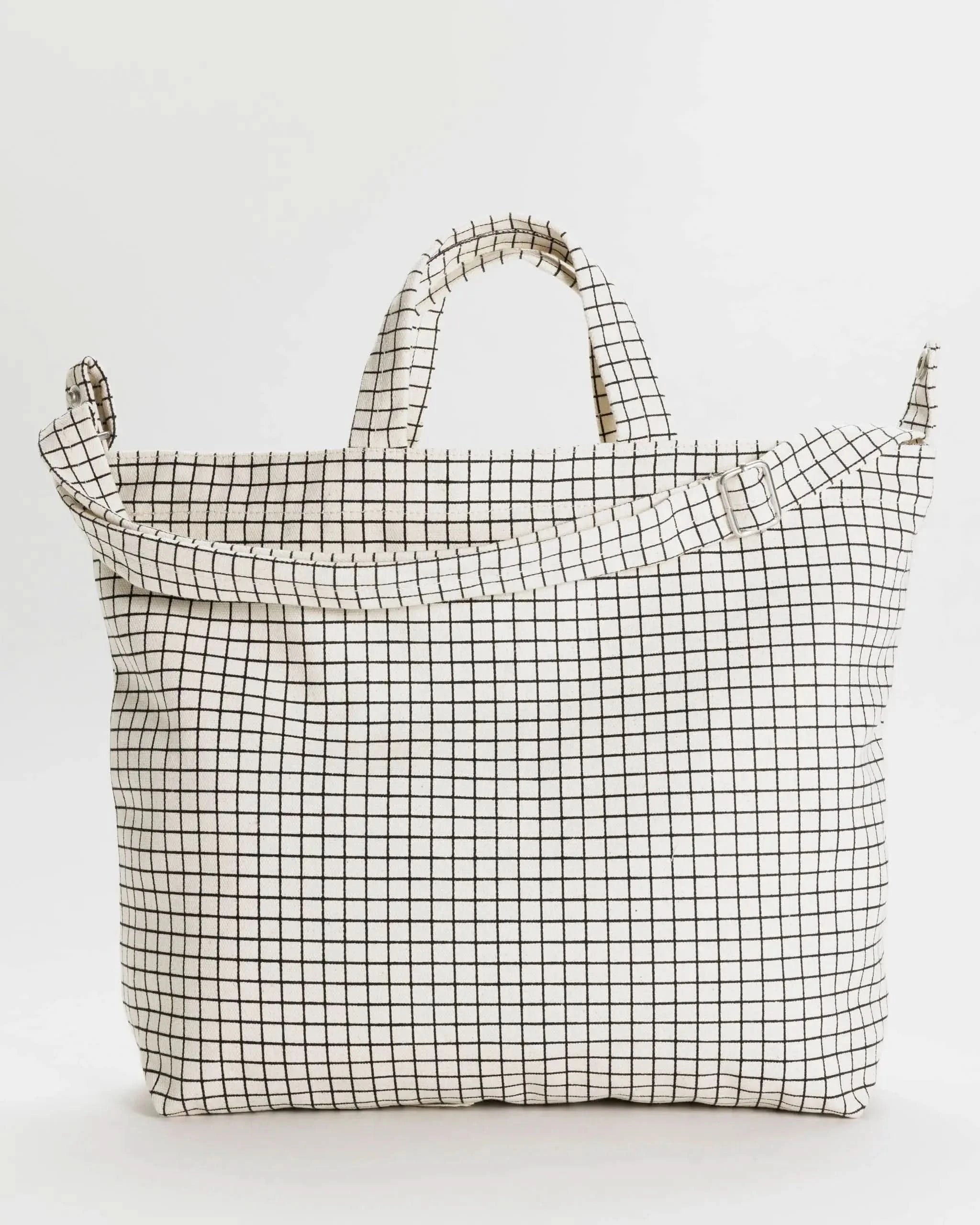 Grid-patterned tote bag on a white background