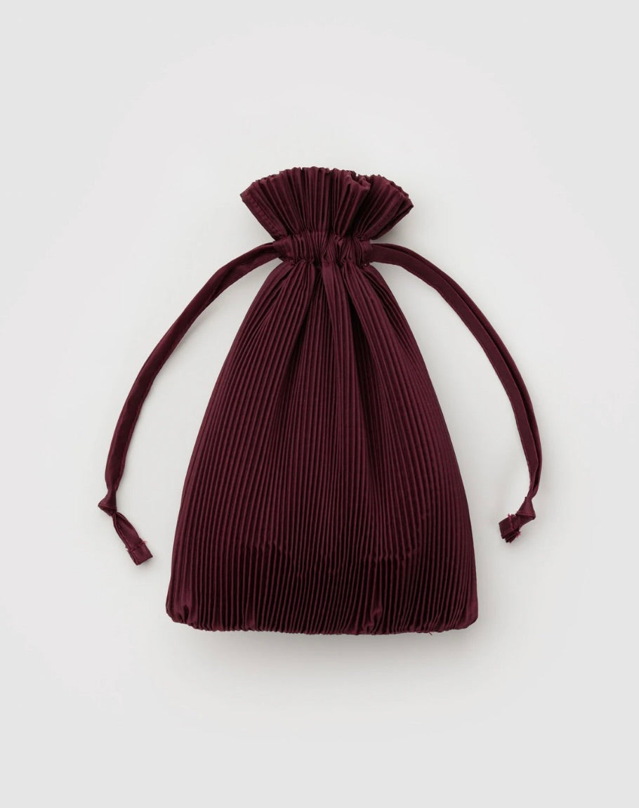 Maroon pleated drawstring pouch on a white background