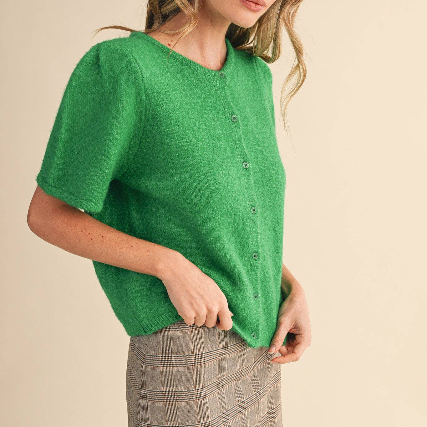 Short Puff Sleeve Sweater Cardigan