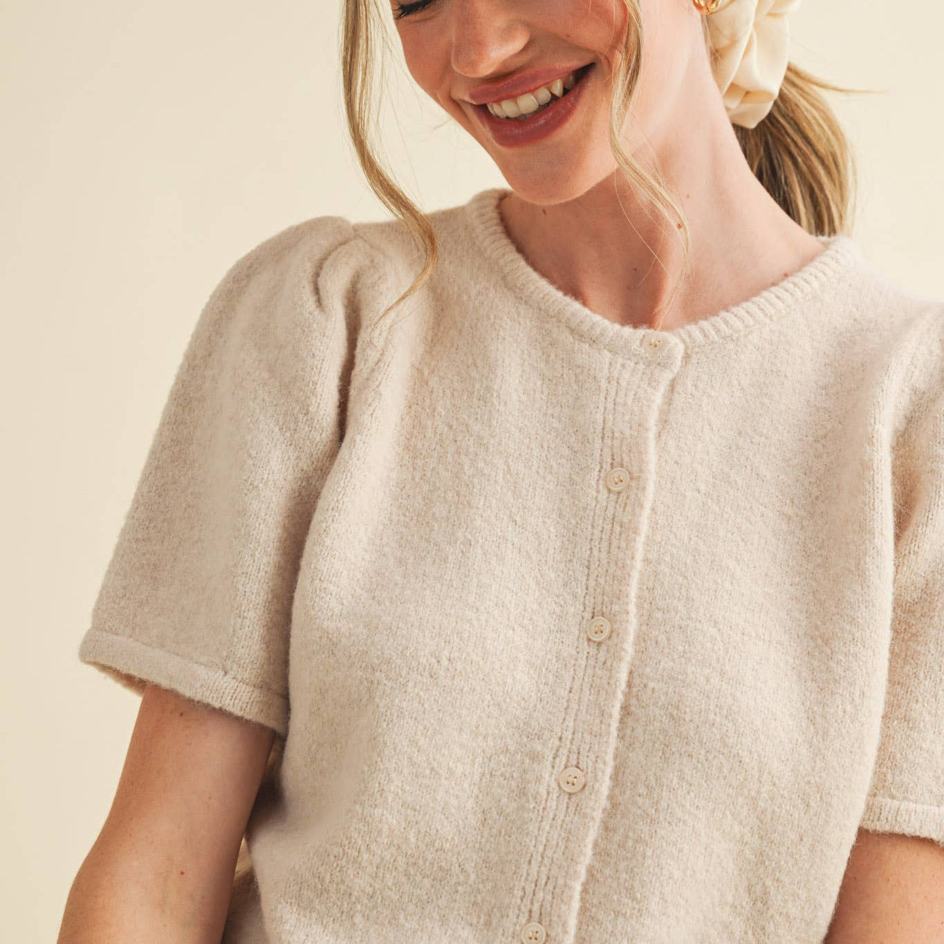 Short Puff Sleeve Sweater Cardigan