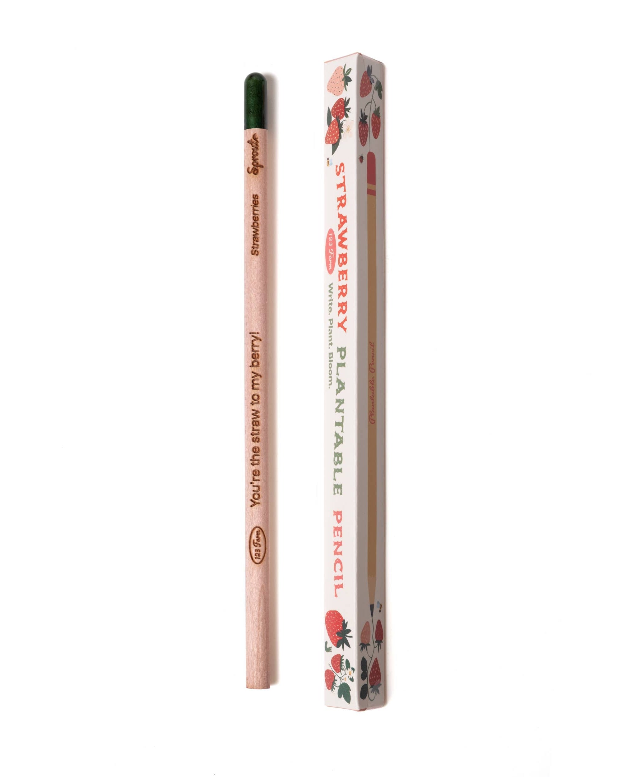 Strawberry plantable pencil with packaging on a white background