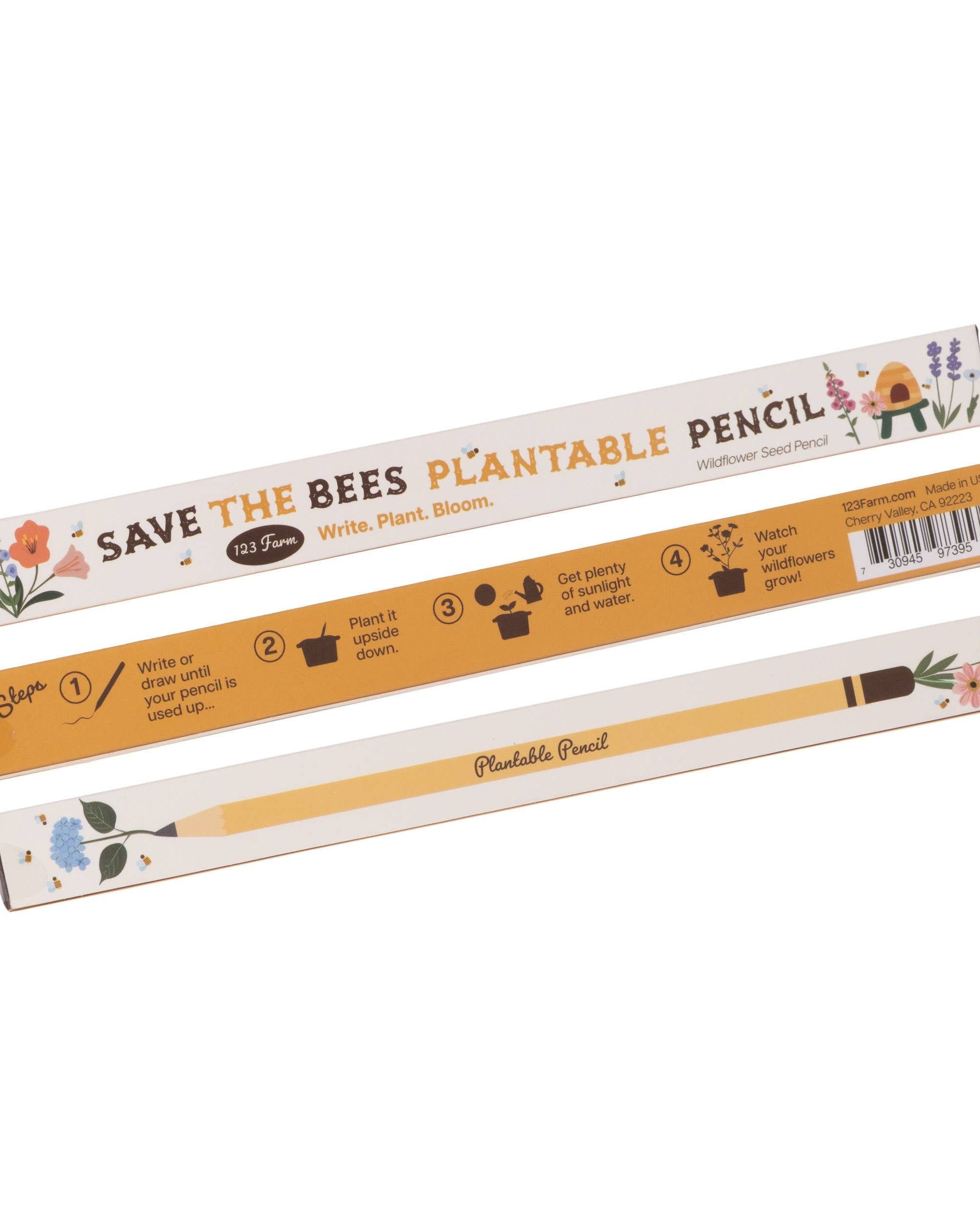 Plantable pencil with packaging labeled 'Save the Bees' on a white background