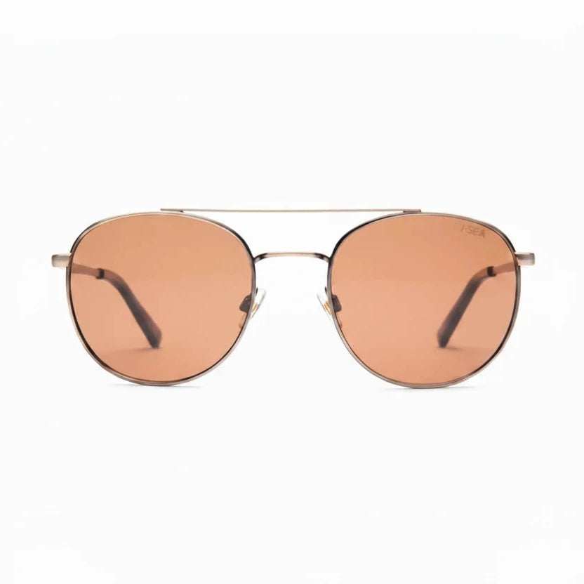 Round sunglasses with gold frame and orange-tinted lenses on a white background