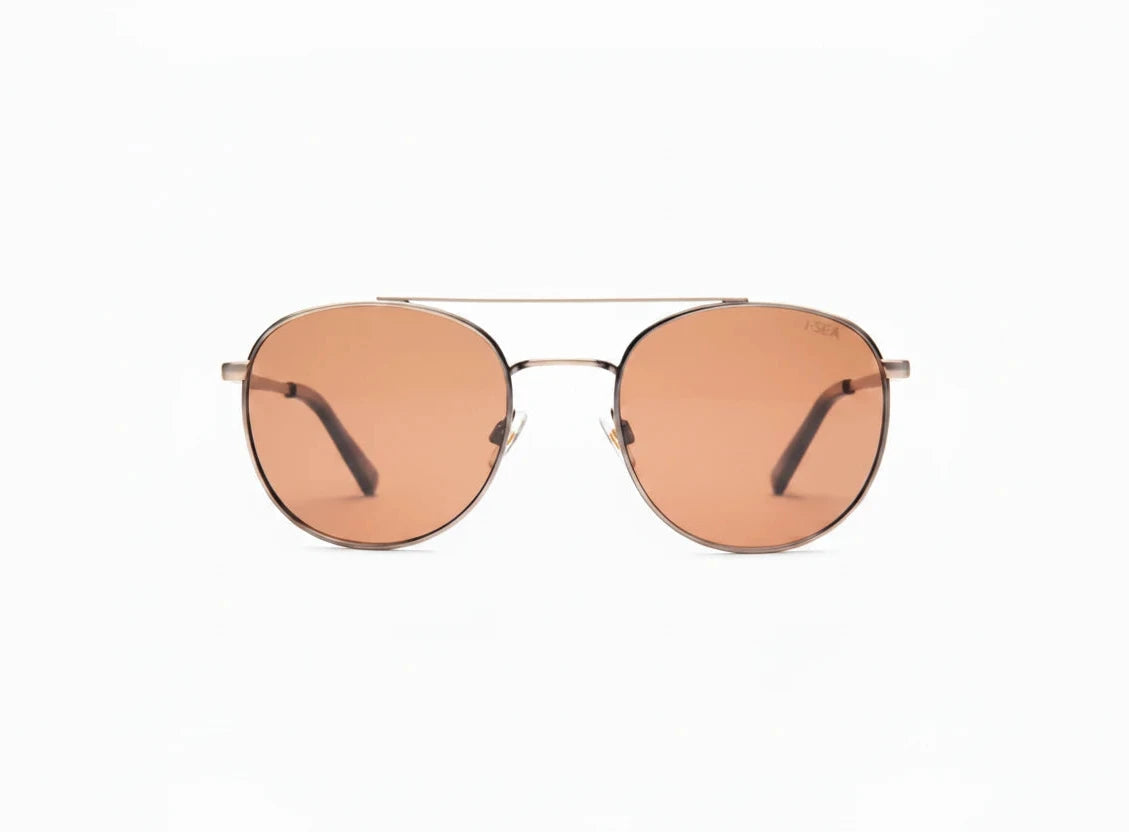 Round sunglasses with gold frame and orange-tinted lenses on a white background
