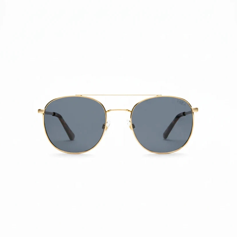 Gold-framed sunglasses with dark lenses on a white background