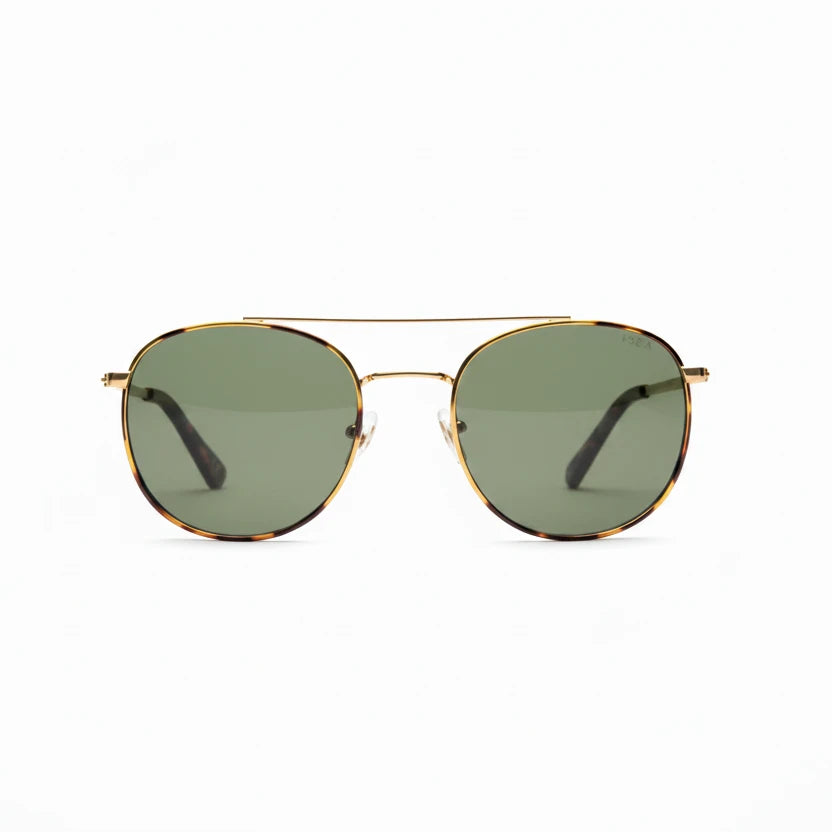 Round sunglasses with gold frame and green lenses on a white background