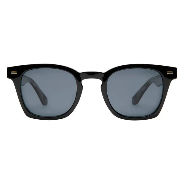 Black sunglasses with dark lenses on a white background