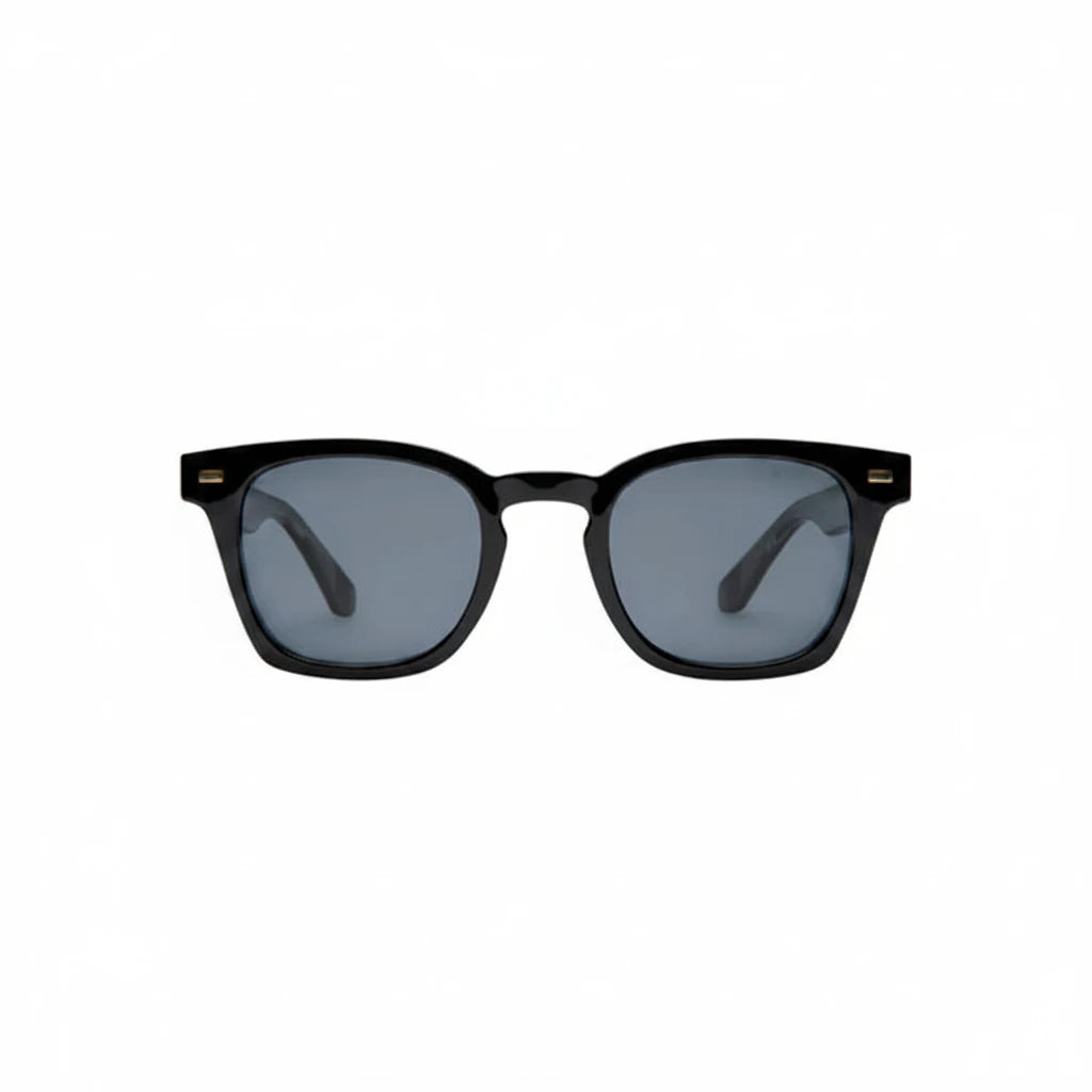 Black sunglasses with dark lenses on a white background