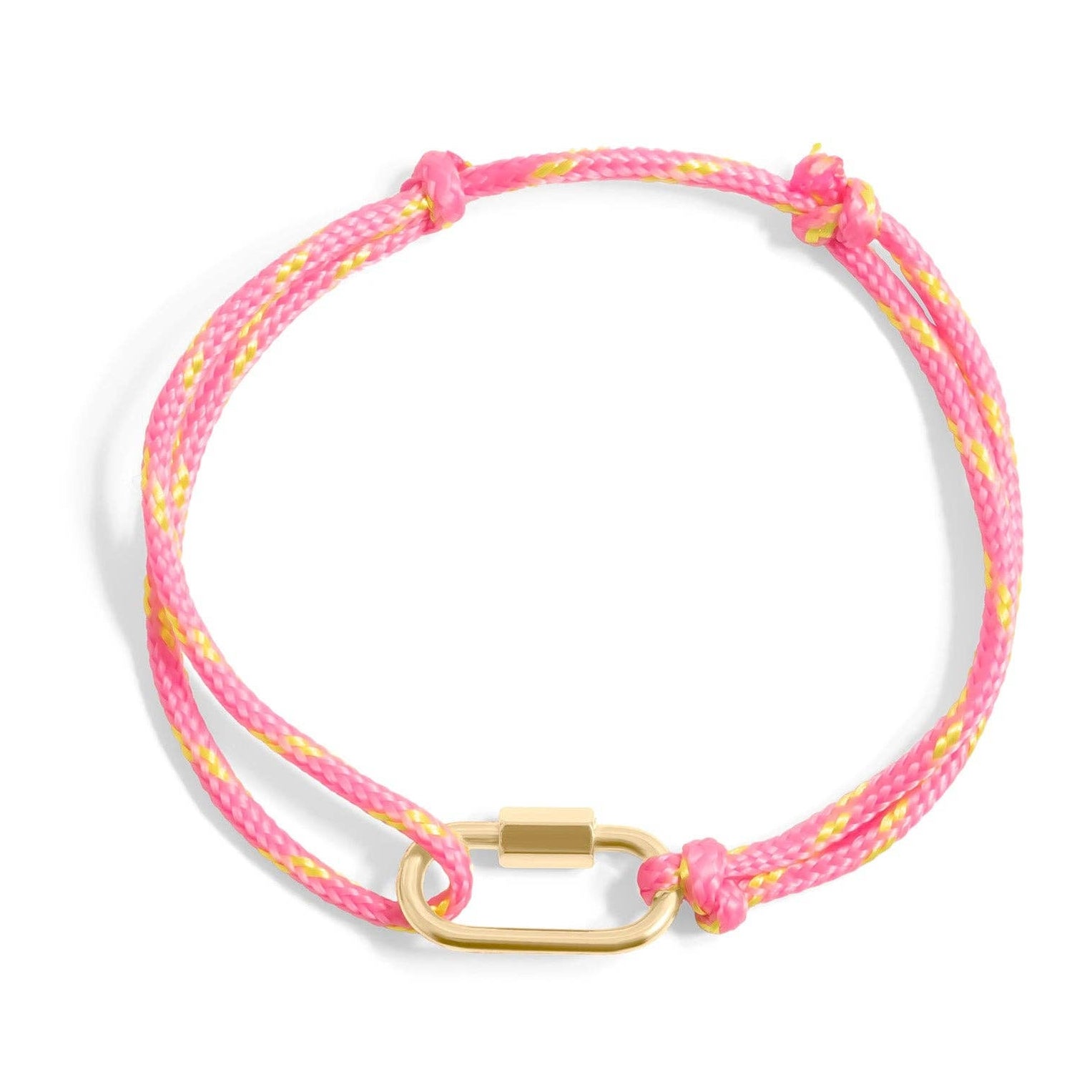 Neon pink bracelet with a gold clasp on a white background