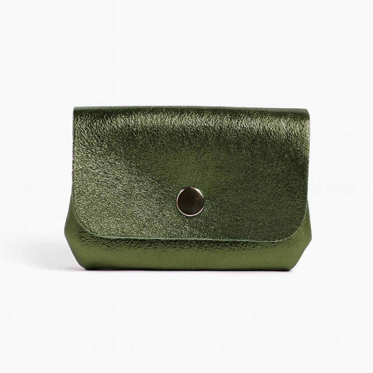 Dark green leather wallet with a gold button on a white background