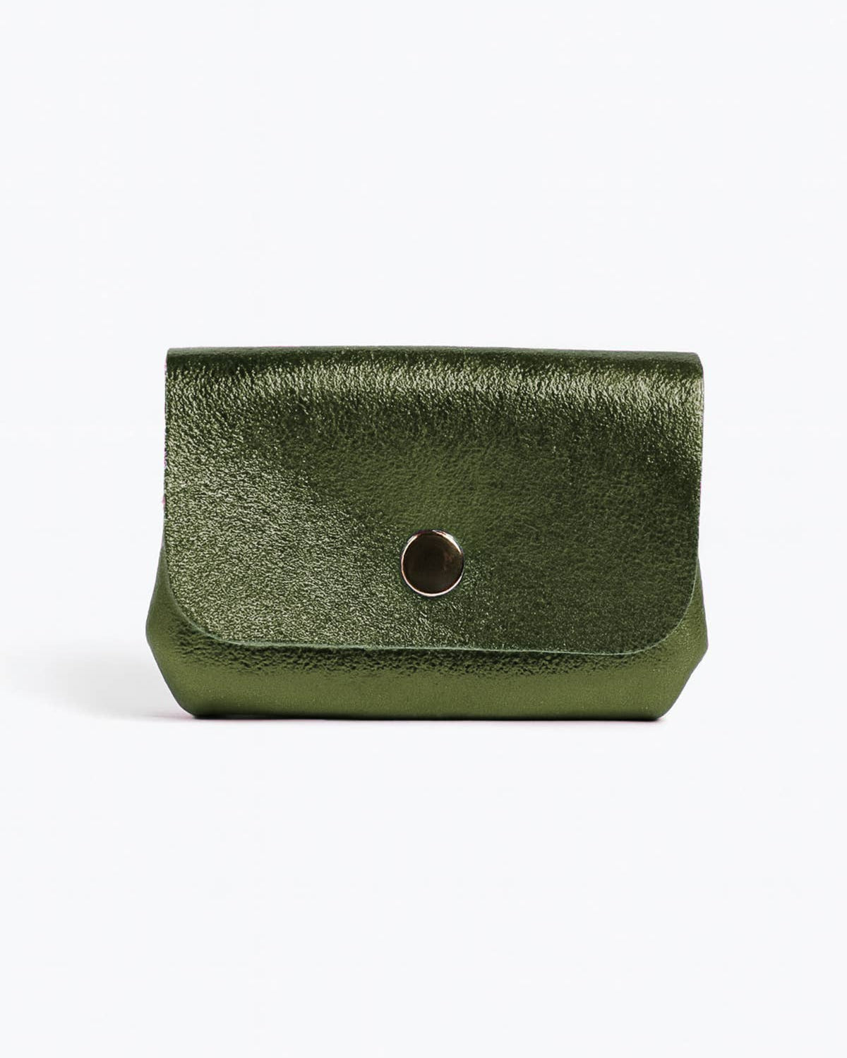 Dark green leather wallet with a gold button on a white background