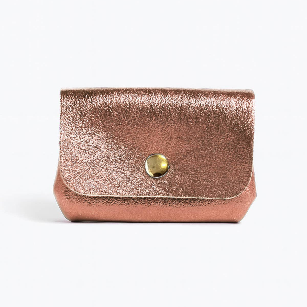 Light pink leather wallet with a gold button on a white background