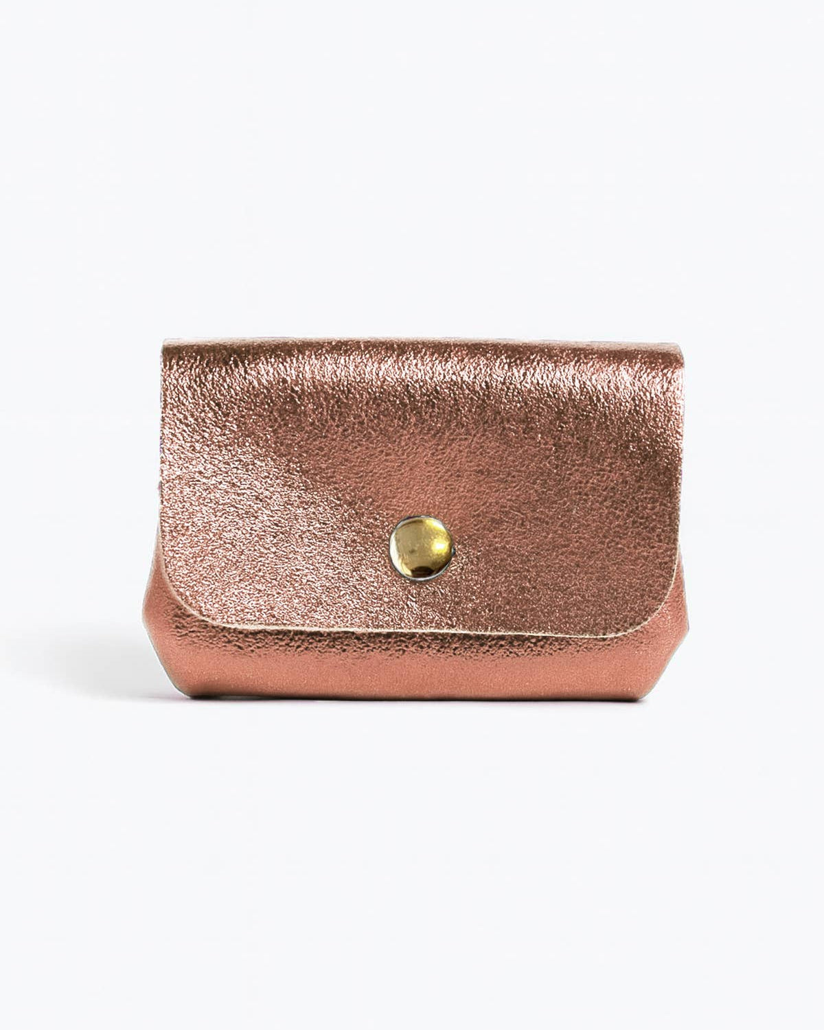 Light pink leather wallet with a gold button on a white background