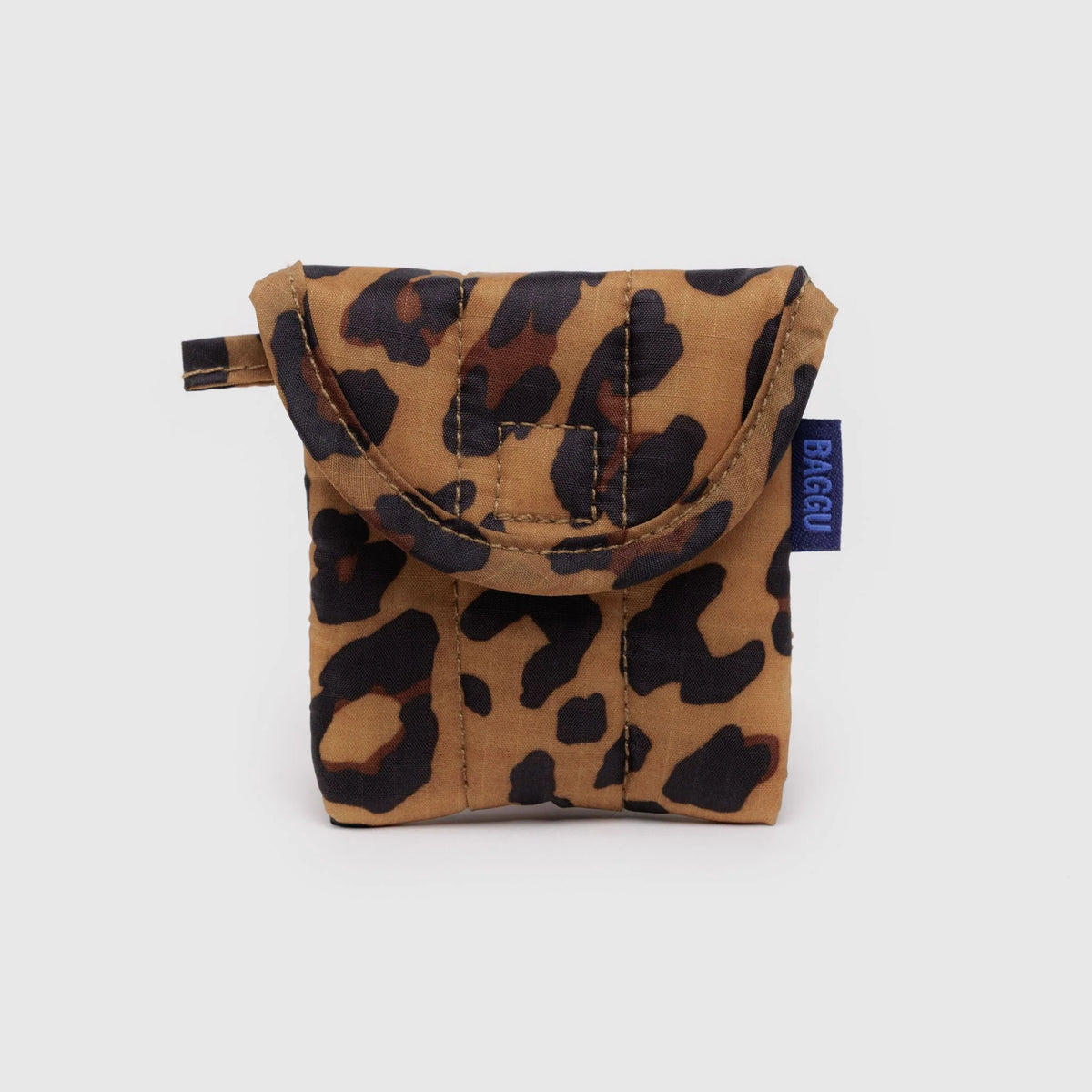 Leopard print pouch with a visible brand tag on a white background