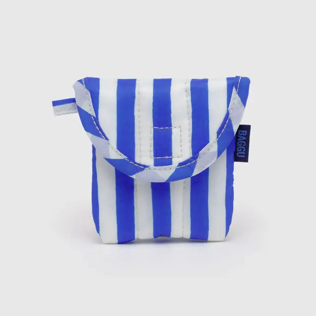 Blue and white striped pouch on a light gray background