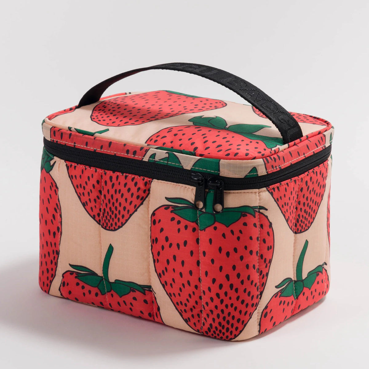 Cosmetic bag with strawberry pattern on a light gray background