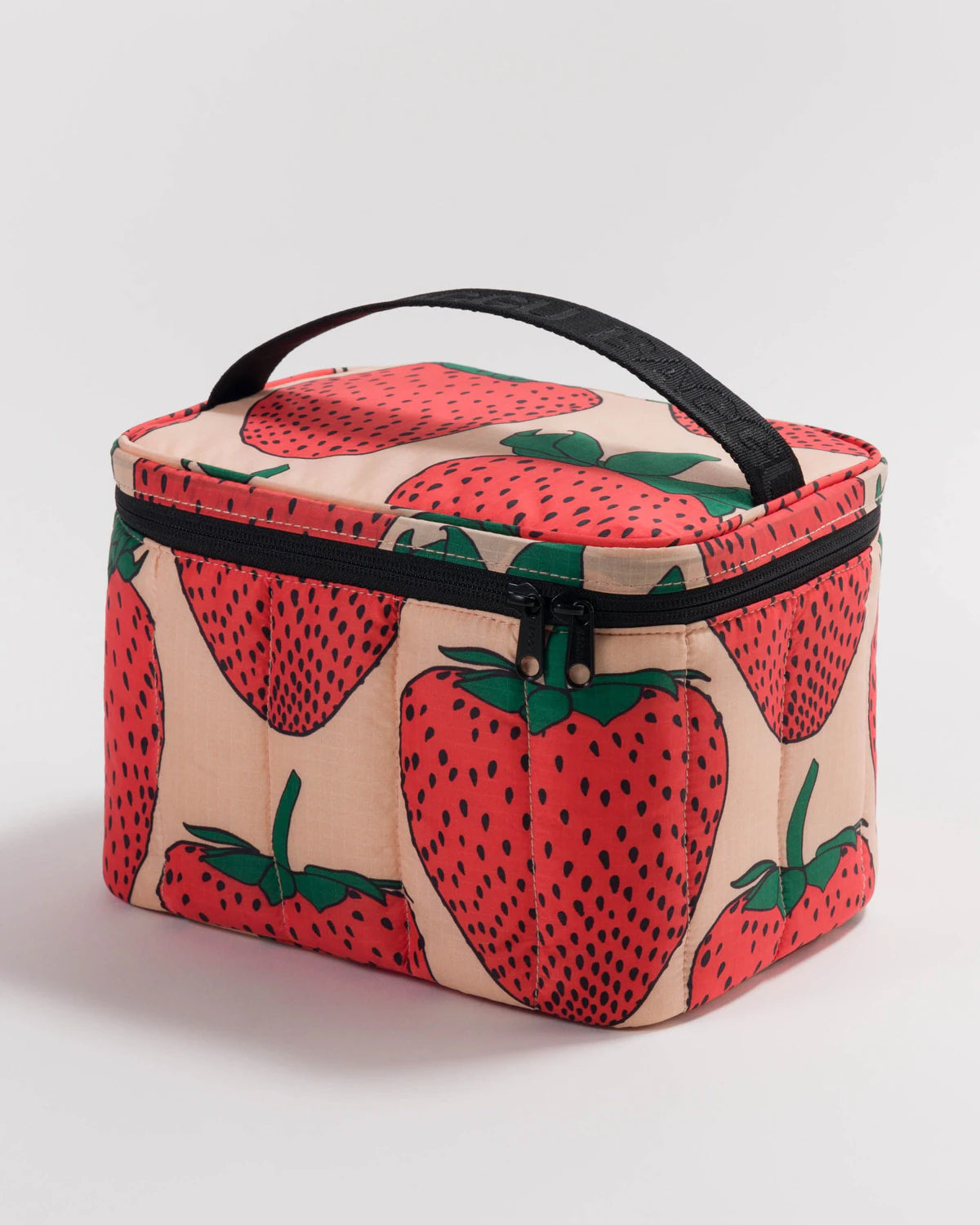 Cosmetic bag with strawberry pattern on a light gray background
