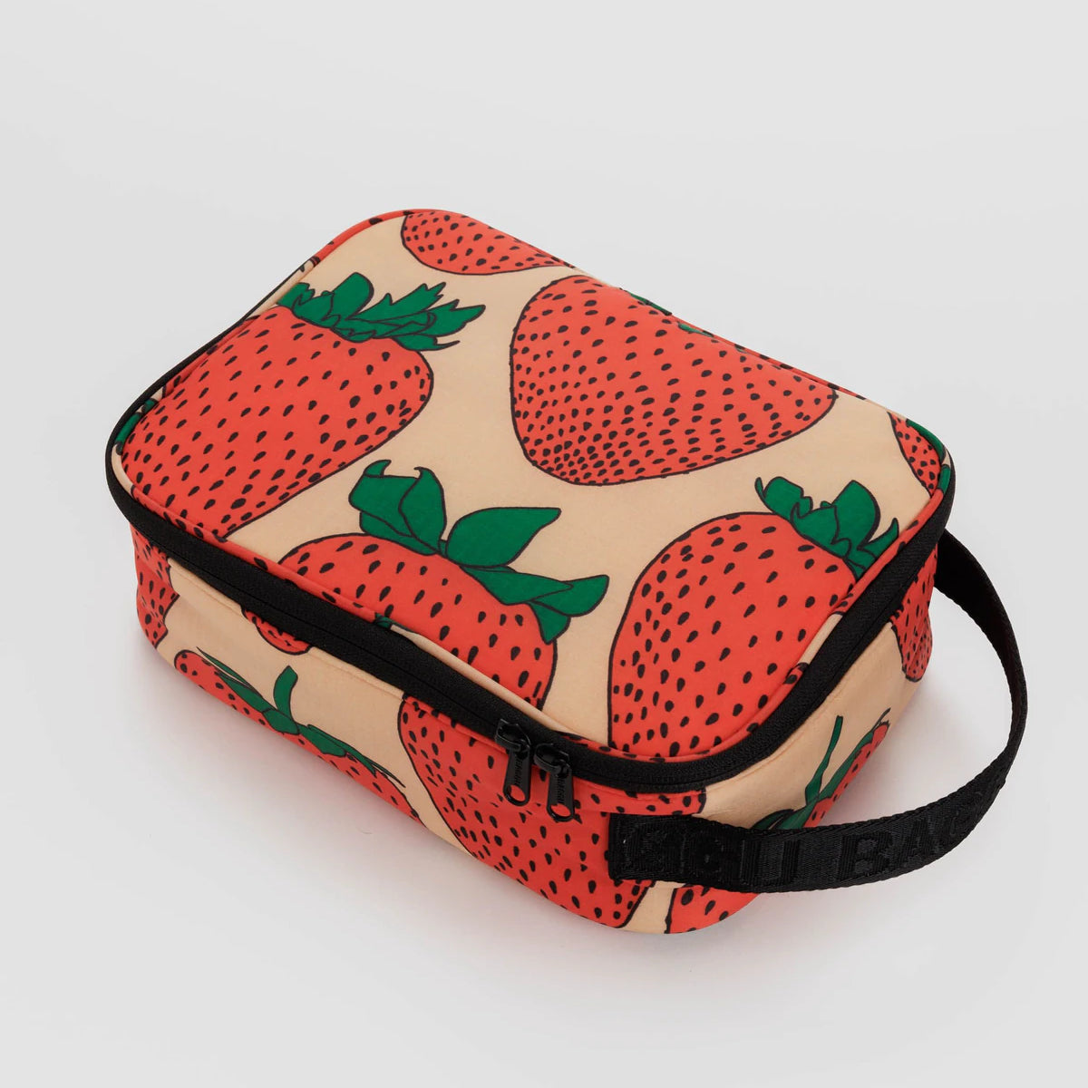 Rectangular pouch with strawberry pattern on a light gray background