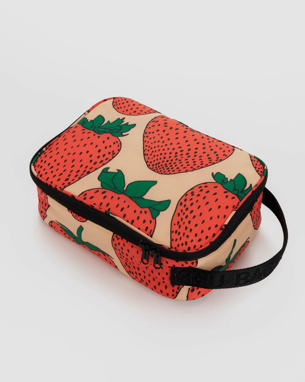 Rectangular pouch with strawberry pattern on a light gray background