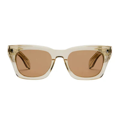 A pair of square sunglasses with translucent beige frames and warm brown lenses, shown against a plain white background.
