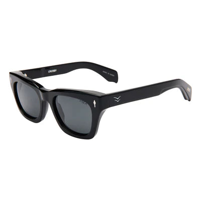 Black sunglasses with a brand logo on a white background