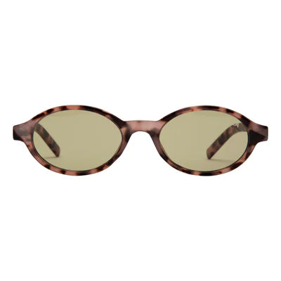 Sunglasses with tortoiseshell frame and gold lenses on a white background
